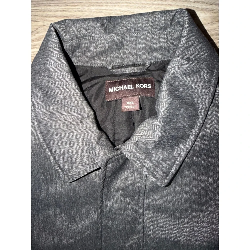 Michael Kors Mens XXL Grey Herringbone Car Coat Leather Elbow Patches Jacket 2XL